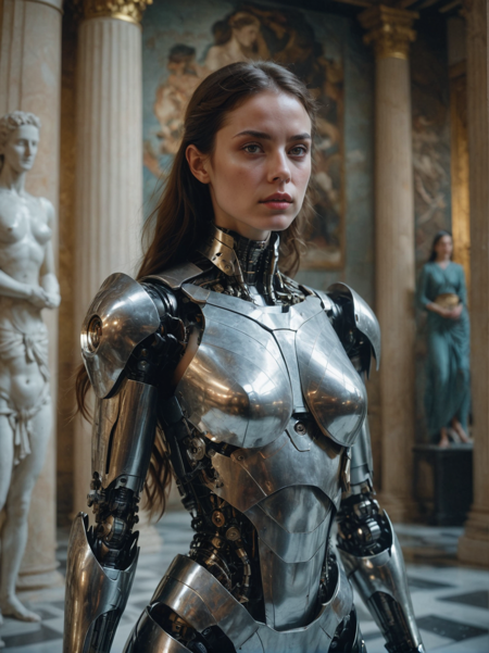 31072109-2946499990-cinematic film still, close up, a robot woman stands tall, half-human half machine, amongst an ancient Greek gallery of painting.png